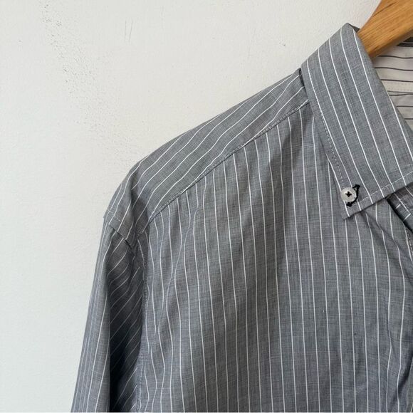 Lacoste Devanlay Grey White Pinstripe Slim Fit Cotton Long Sleeve Dress Shirt - Picture 5 of 9